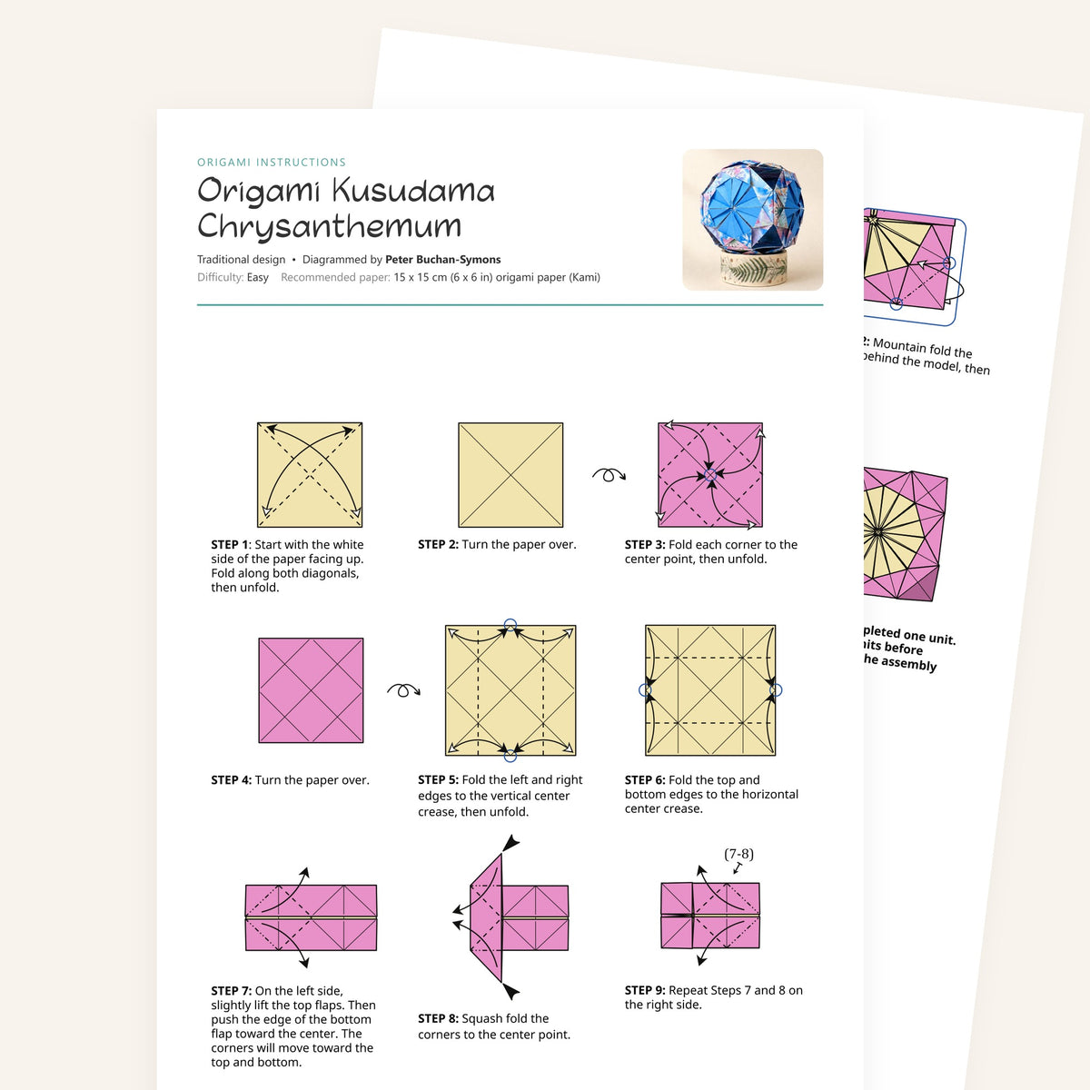 Origami Kusudama Chrysanthemum Printable Instructions, a printable PDF of step-by-step origami folding diagrams