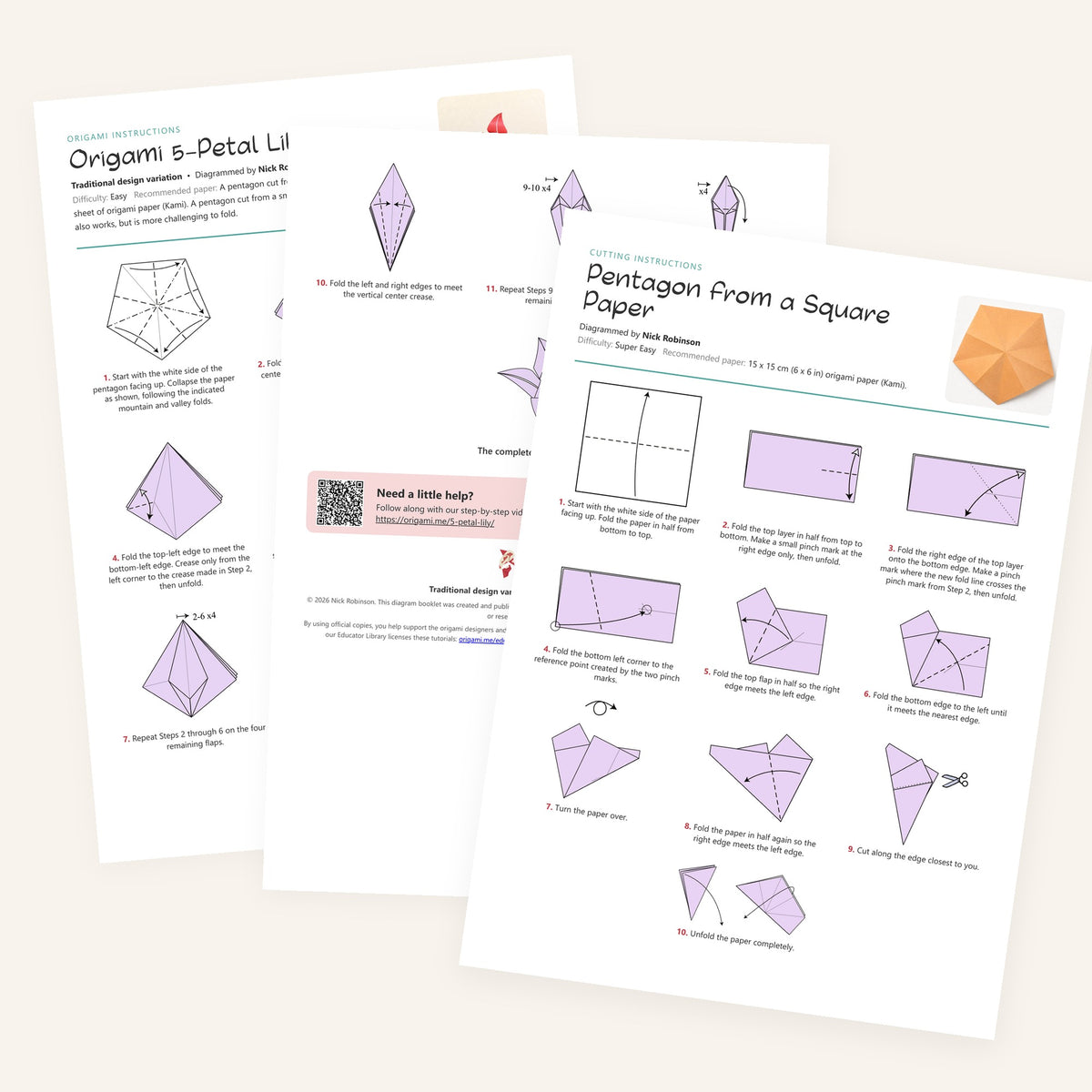 Origami 5-Petal Lily Printable Instructions, a printable PDF of step-by-step folding diagrams plus how to cut a pentagon from square paper
