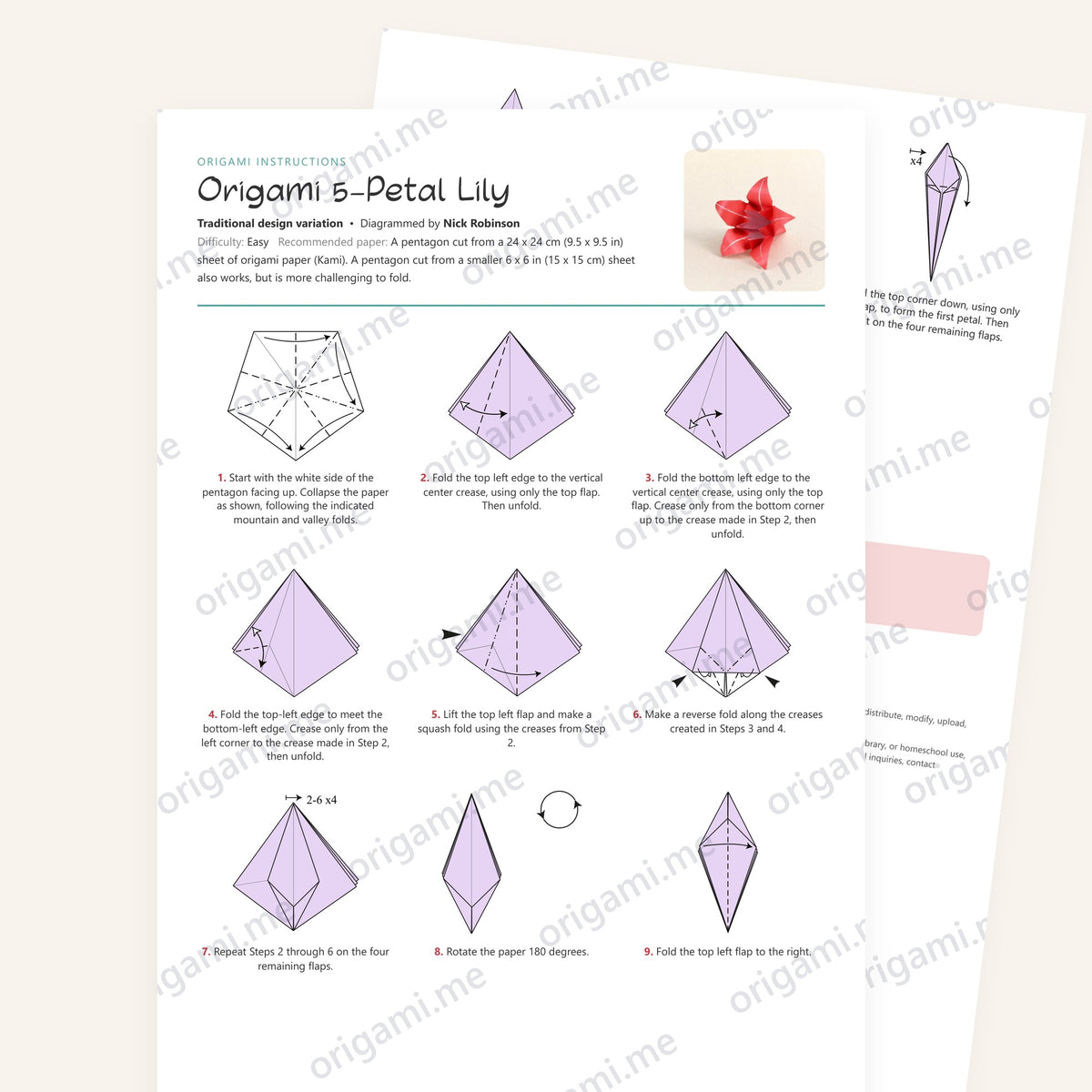 Origami 5-Petal Lily Printable Instructions, a printable PDF of step-by-step origami folding diagrams