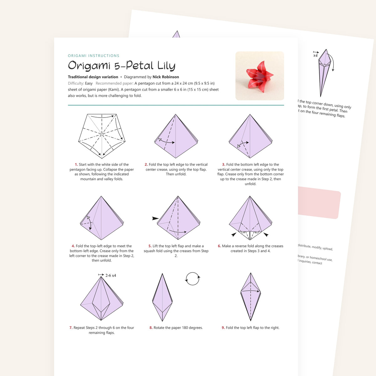Origami 5-Petal Lily Printable Instructions, a printable PDF of step-by-step origami folding diagrams