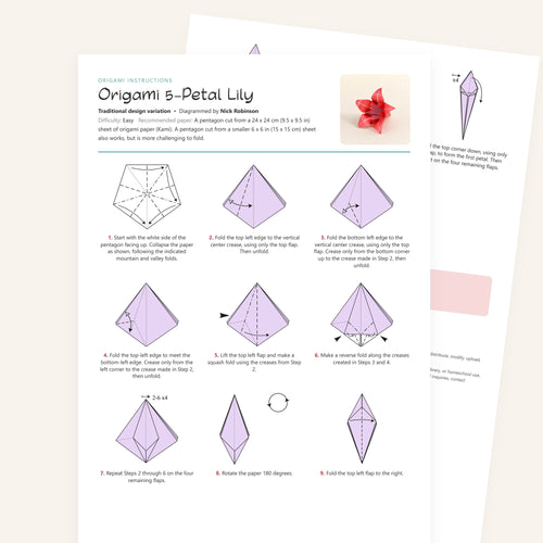 Origami 5-Petal Lily Printable Instructions, a printable PDF of step-by-step origami folding diagrams