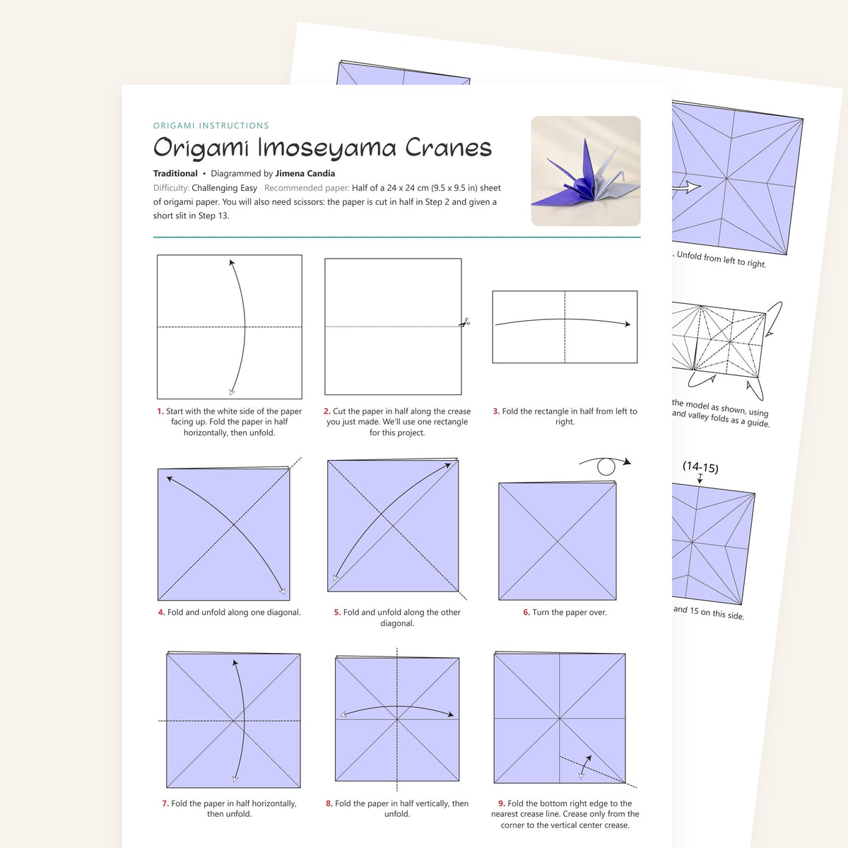 Origami Imoseyama Cranes Printable Instructions, a printable PDF of step-by-step origami folding diagrams