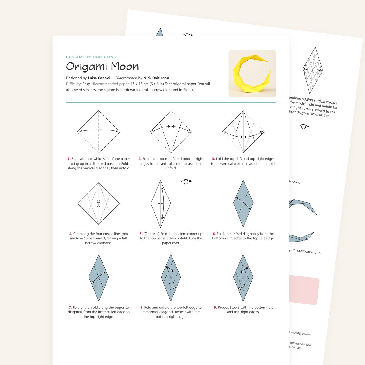 Origami Moon Printable Instructions, a printable PDF of step-by-step origami folding diagrams