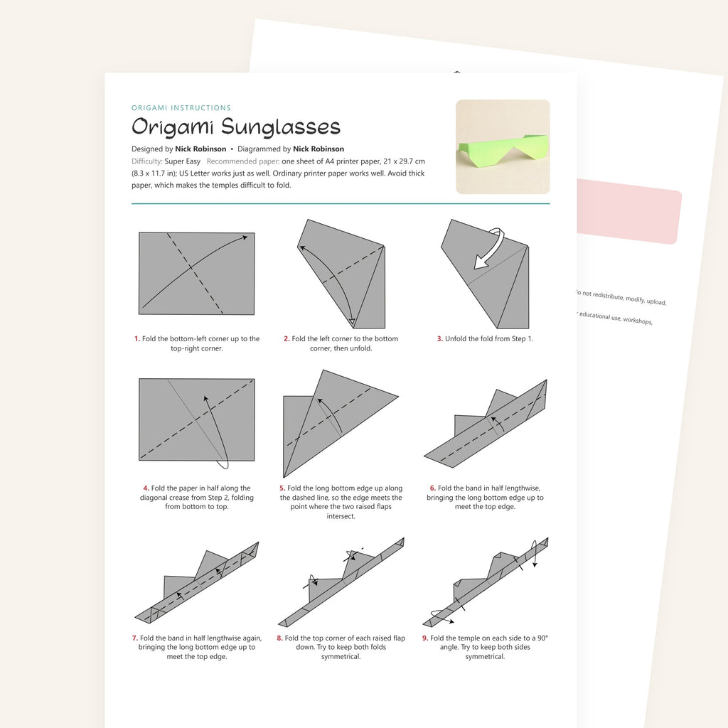 Origami Sunglasses Printable Instructions, a printable PDF of step-by-step origami folding diagrams