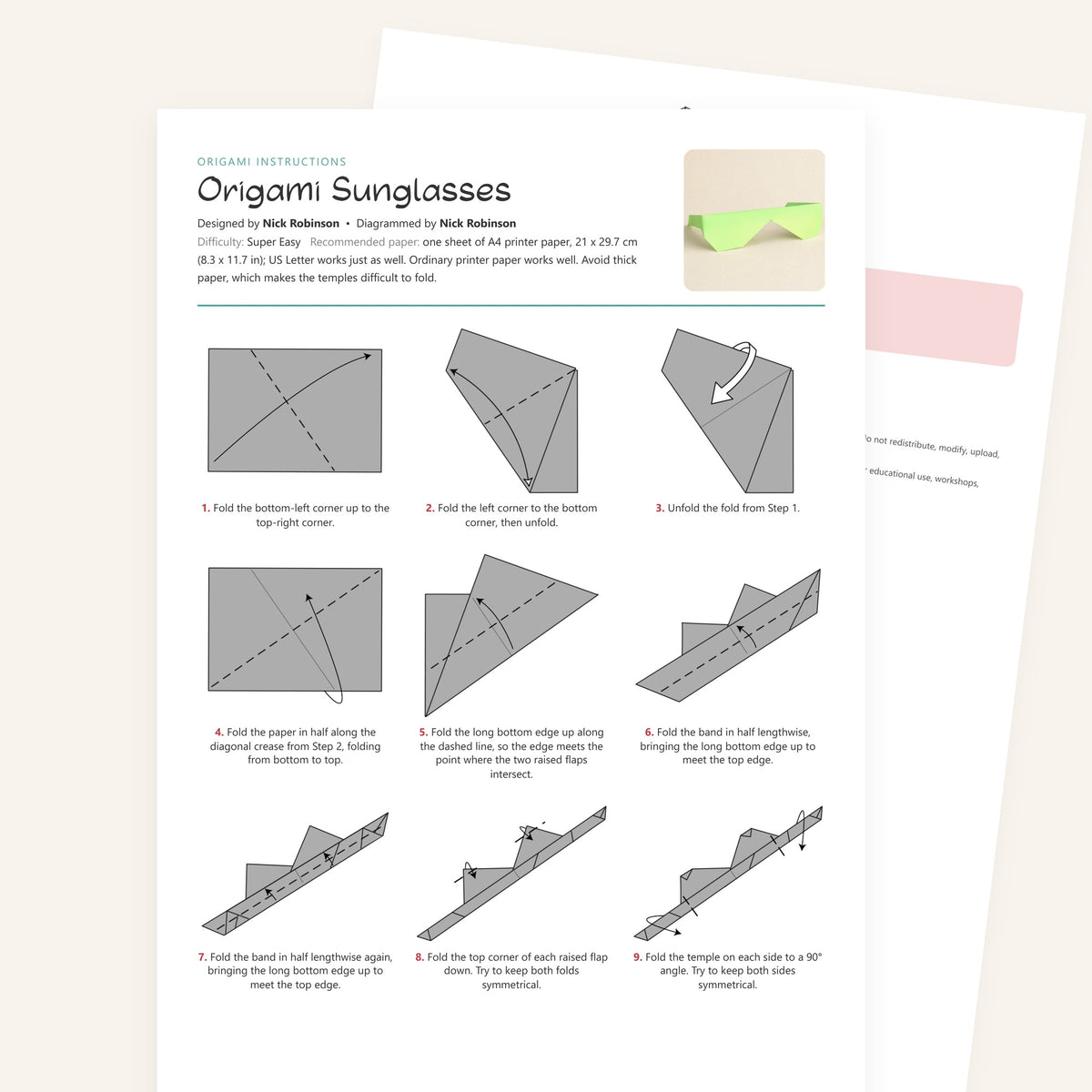 Origami Sunglasses Printable Instructions, a printable PDF of step-by-step origami folding diagrams