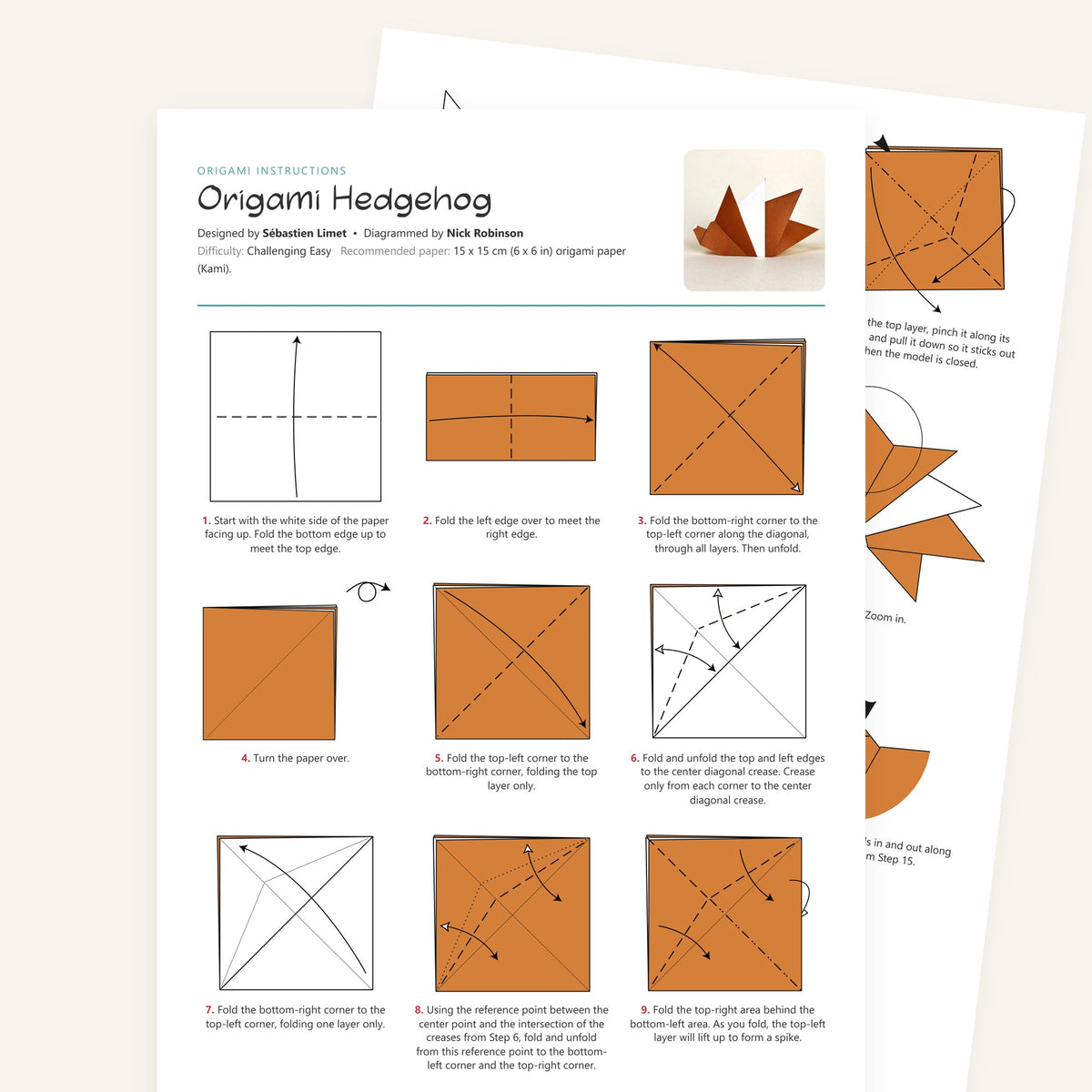 Origami Hedgehog Printable Instructions, a printable PDF of step-by-step origami folding diagrams