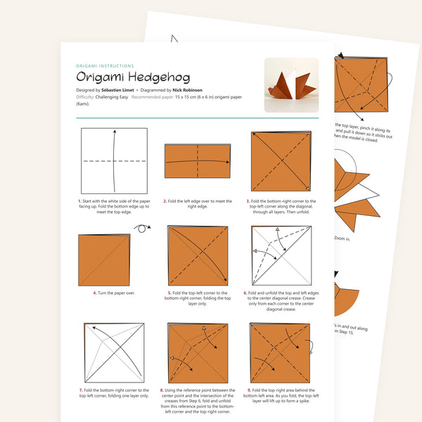 Origami Hedgehog Printable Instructions, a printable PDF of step-by-step origami folding diagrams