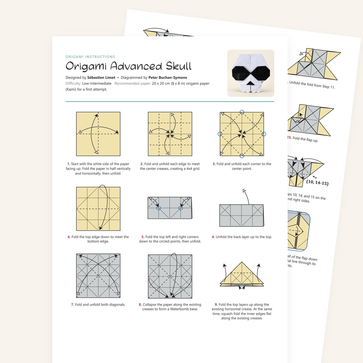 Origami Advanced Skull Printable Instructions, a printable PDF of step-by-step origami folding diagrams