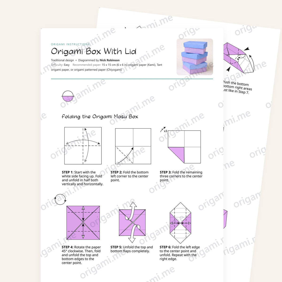 Origami Box With Lid Printable Instructions, a printable PDF of step-by-step origami folding diagrams
