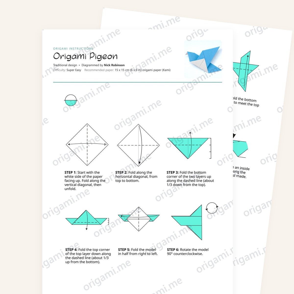 Origami Easy Origami Pigeon Printable Instructions, a printable PDF of step-by-step origami folding diagrams