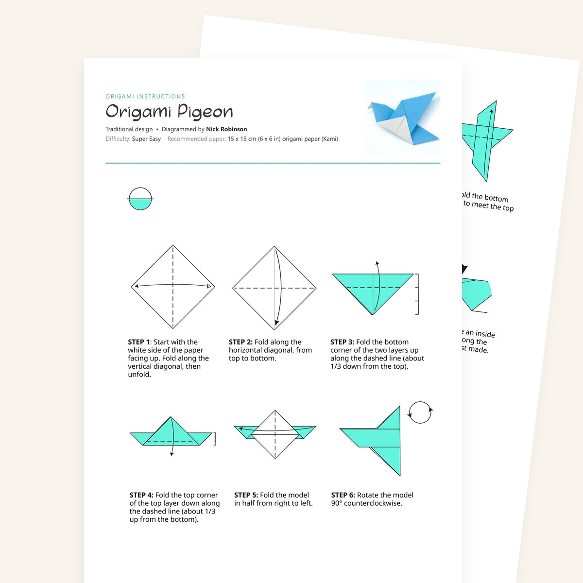 Origami Easy Origami Pigeon Printable Instructions, a printable PDF of step-by-step origami folding diagrams