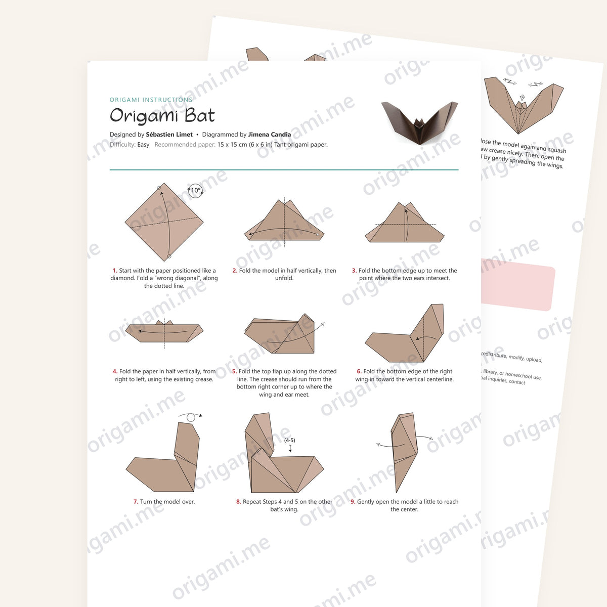 Origami Bat Printable Instructions, a printable PDF of step-by-step origami folding diagrams