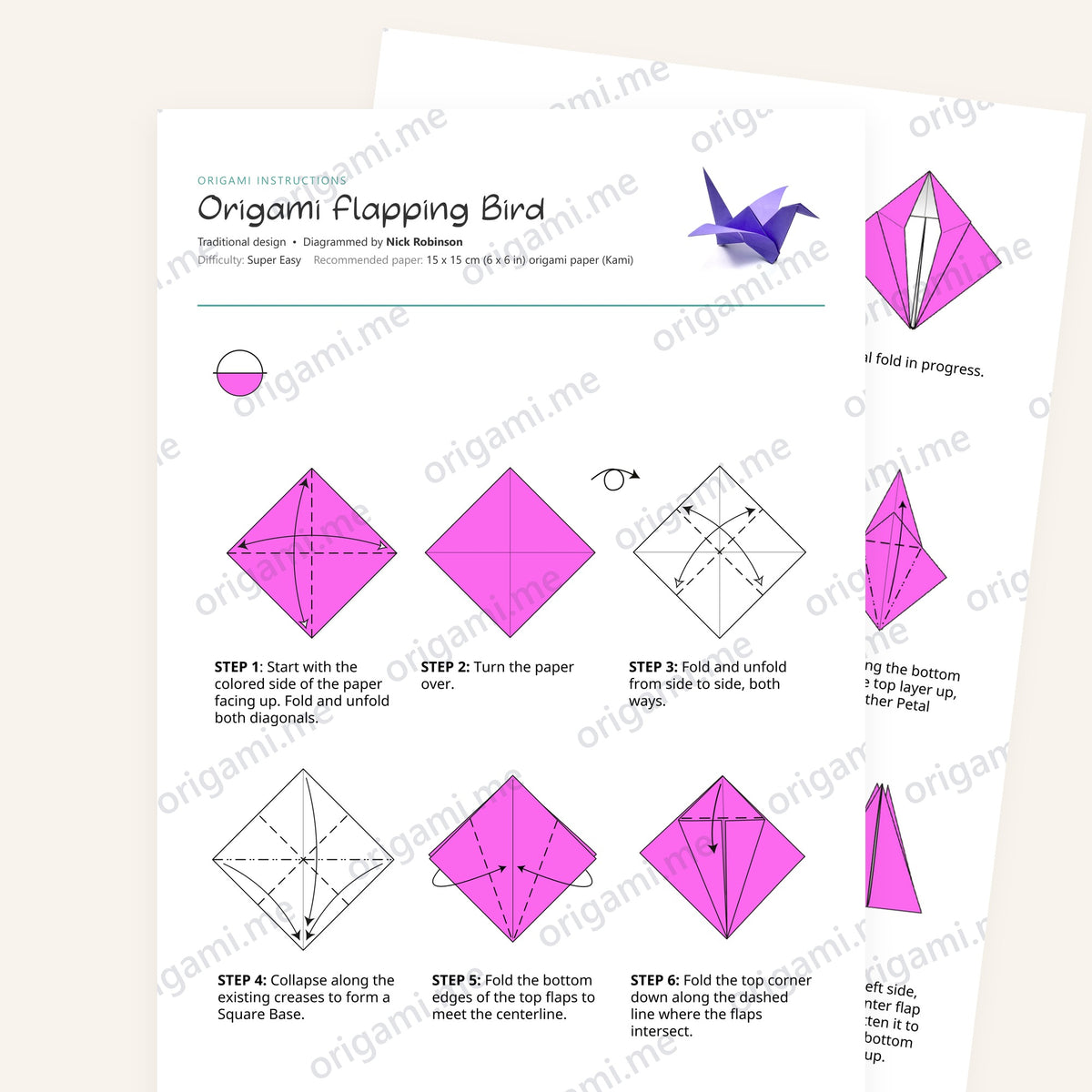 Origami Easy Origami Flapping Bird Printable Instructions, a printable PDF of step-by-step origami folding diagrams