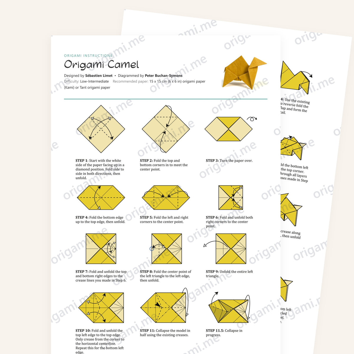 Origami Camel Printable Instructions, a printable PDF of step-by-step origami folding diagrams
