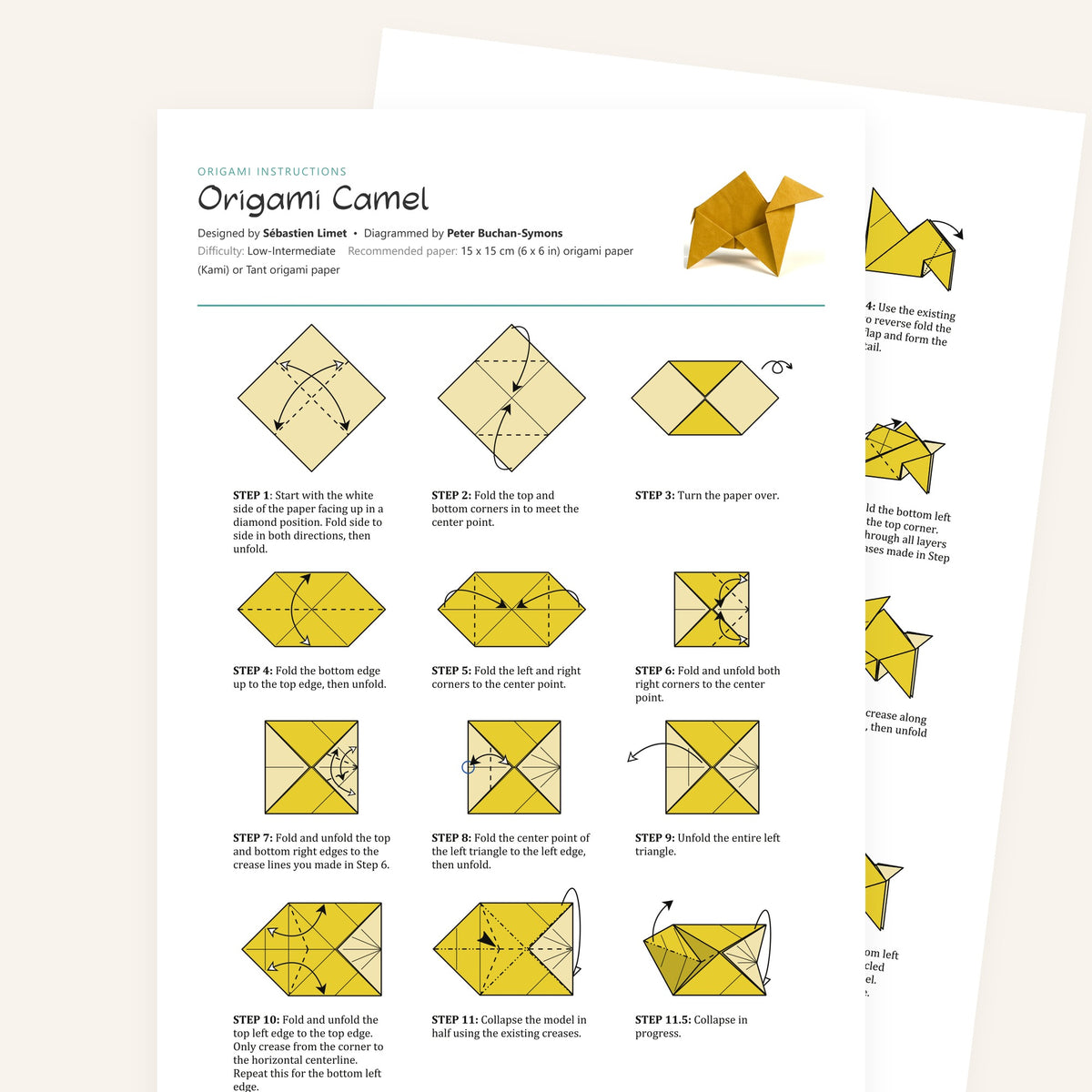 Origami Camel Printable Instructions, a printable PDF of step-by-step origami folding diagrams