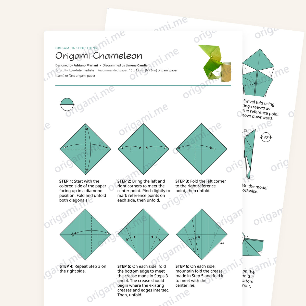 Origami Chameleon Printable Instructions, a printable PDF of step-by-step origami folding diagrams