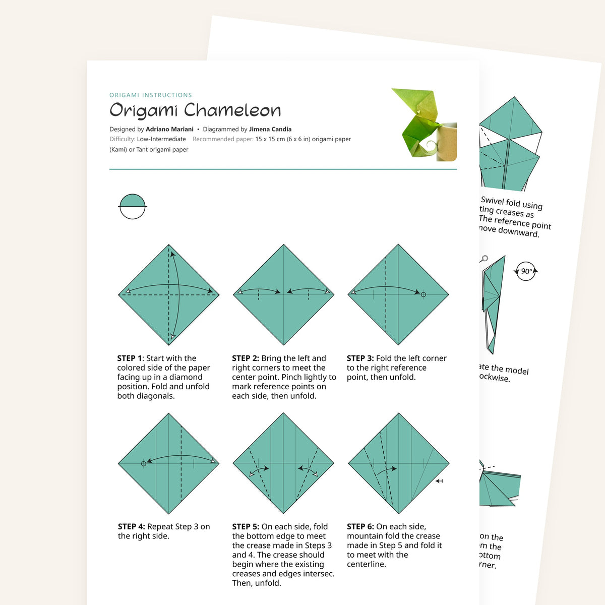Origami Chameleon Printable Instructions, a printable PDF of step-by-step origami folding diagrams