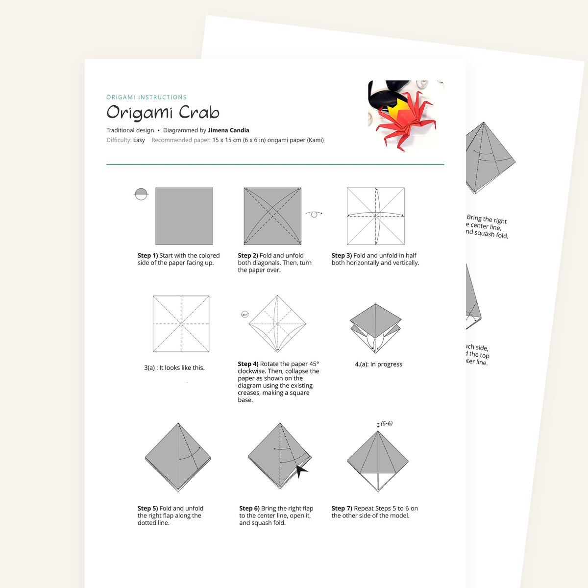 Origami Crab Printable Instructions, a printable PDF of step-by-step origami folding diagrams