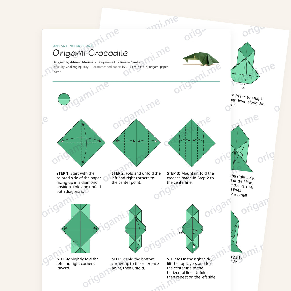 Origami Crocodile Printable Instructions, a printable PDF of step-by-step origami folding diagrams