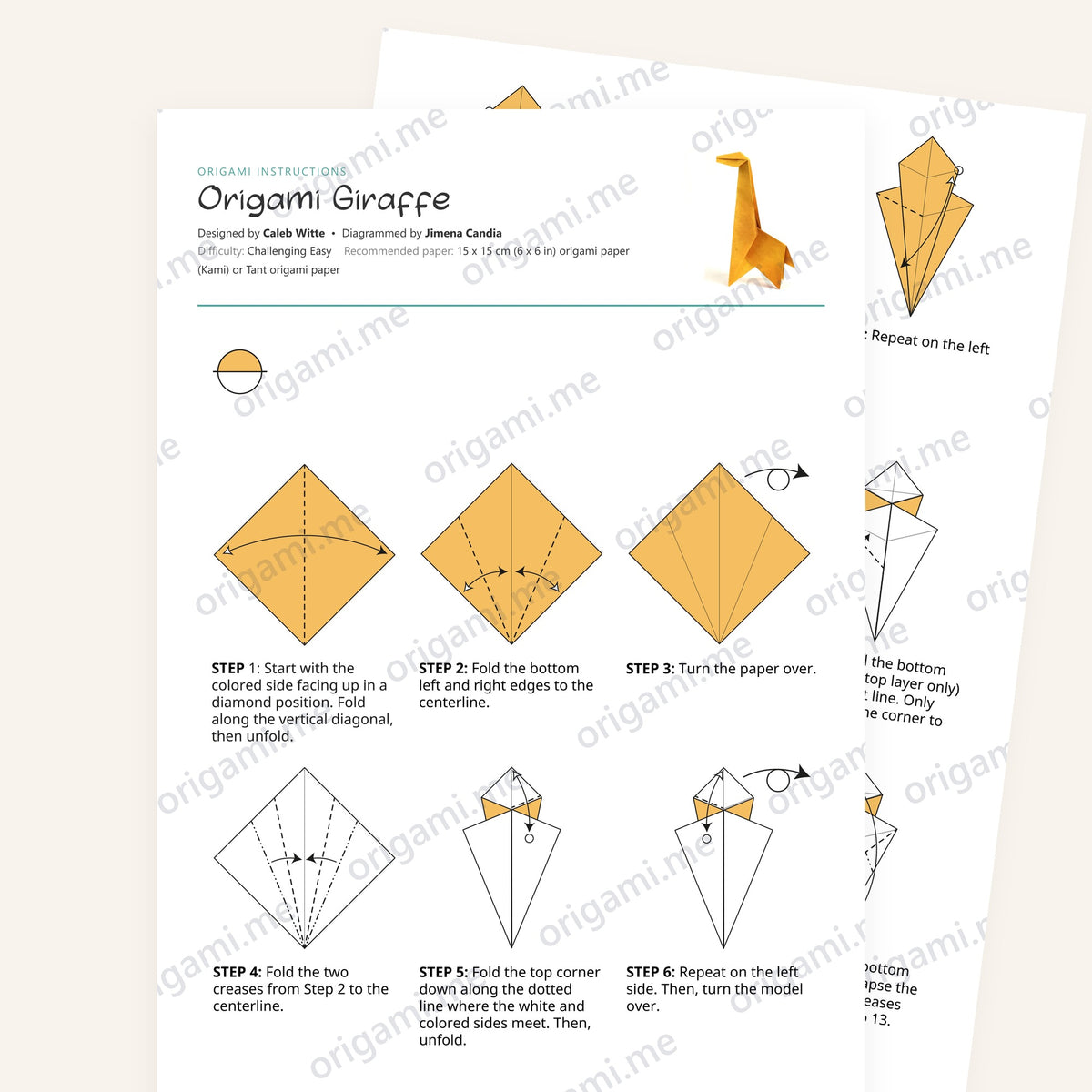 Origami Giraffe Printable Instructions, a printable PDF of step-by-step origami folding diagrams