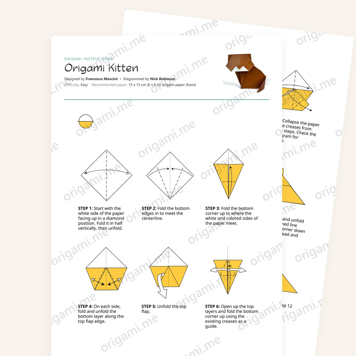 Origami Kitten Printable Instructions, a printable PDF of step-by-step origami folding diagrams