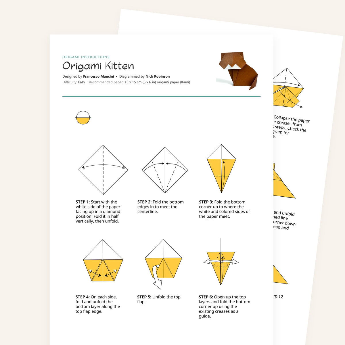 Origami Kitten Printable Instructions, a printable PDF of step-by-step origami folding diagrams