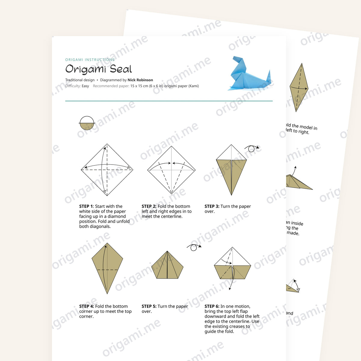 Origami Easy Origami Seal Printable Instructions, a printable PDF of step-by-step origami folding diagrams
