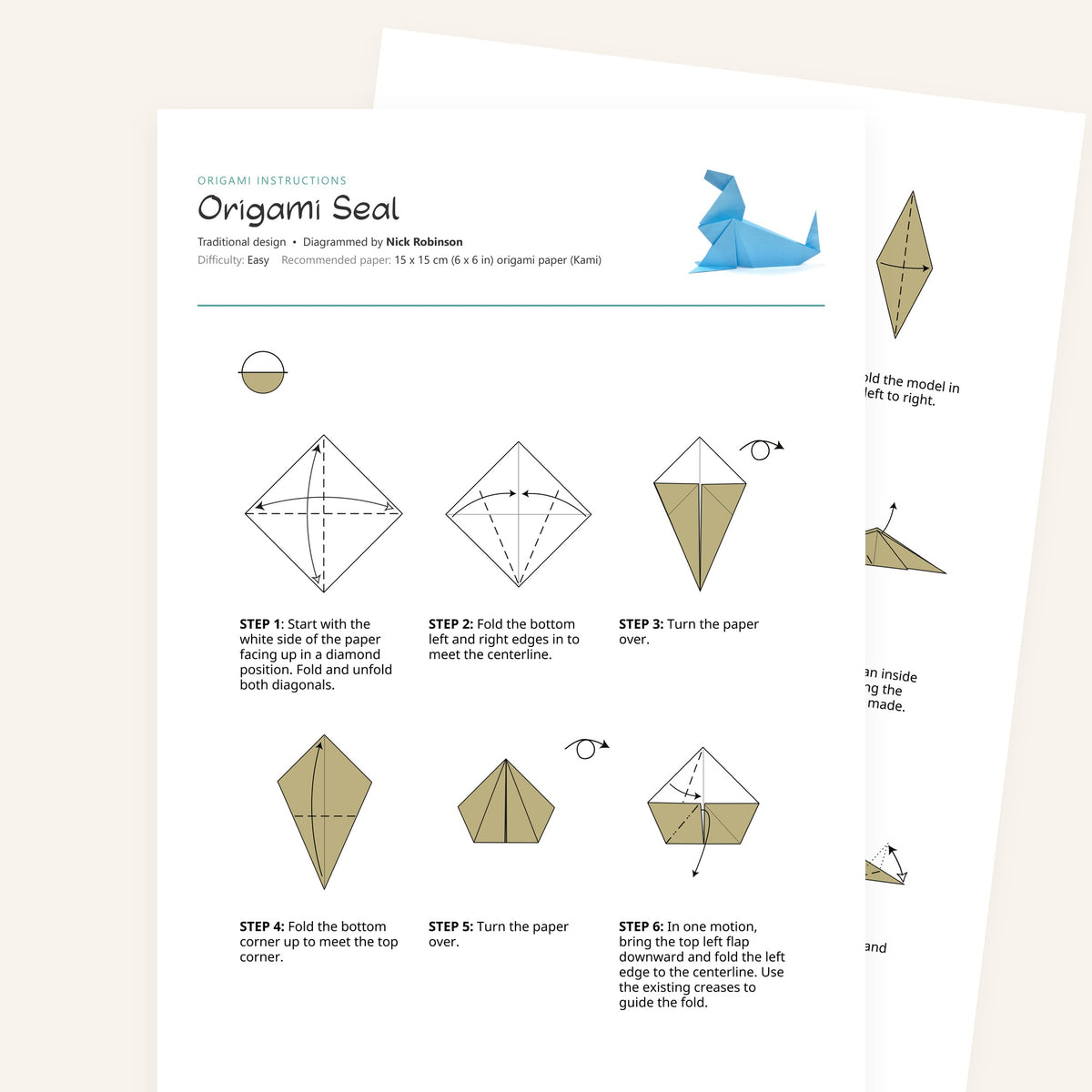 Origami Easy Origami Seal Printable Instructions, a printable PDF of step-by-step origami folding diagrams