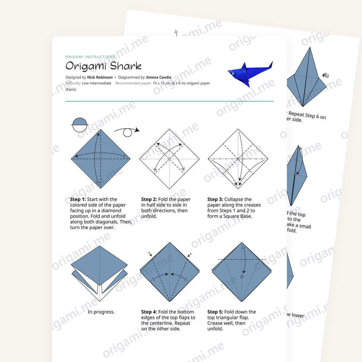 Origami Shark Printable Instructions, a printable PDF of step-by-step origami folding diagrams