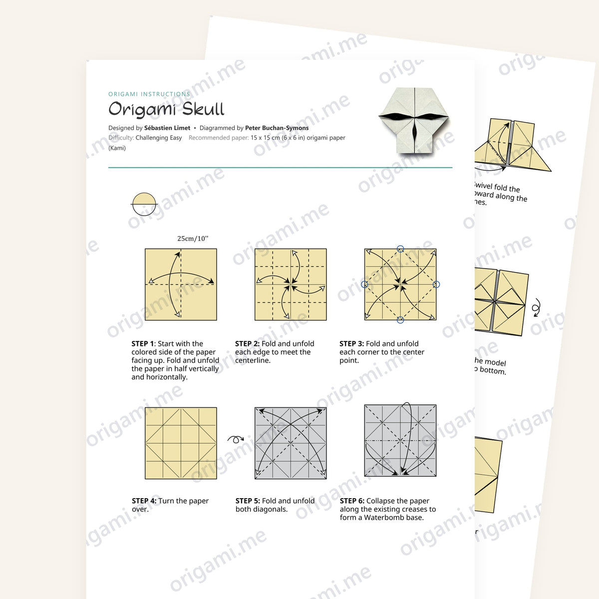 Origami Skull Printable Instructions, a printable PDF of step-by-step origami folding diagrams