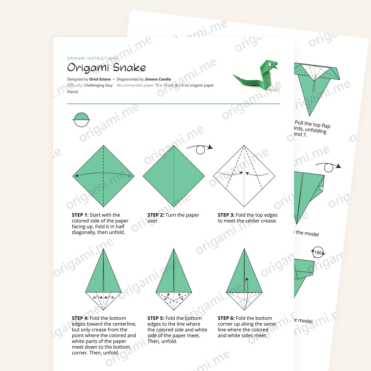 Origami Snake Printable Instructions, a printable PDF of step-by-step origami folding diagrams