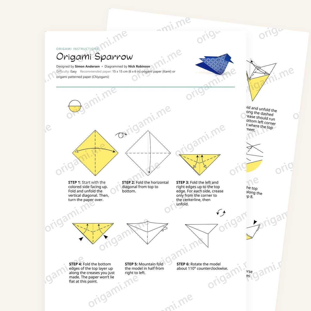 Origami Easy Origami Sparrow Printable Instructions, a printable PDF of step-by-step origami folding diagrams