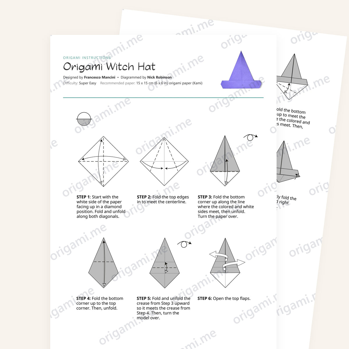 Origami Easy Origami Witch Hat Printable Instructions, a printable PDF of step-by-step origami folding diagrams