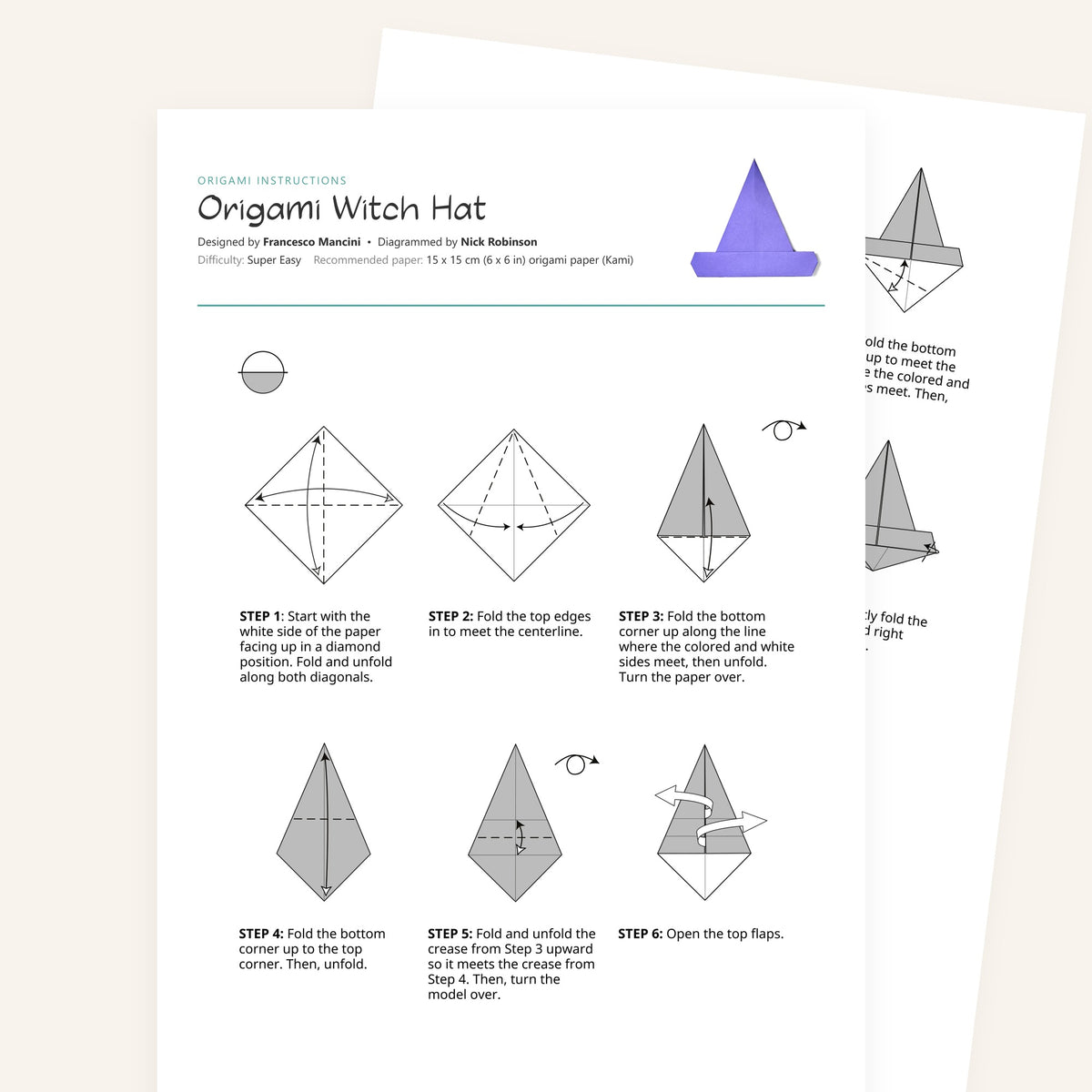 Origami Easy Origami Witch Hat Printable Instructions, a printable PDF of step-by-step origami folding diagrams