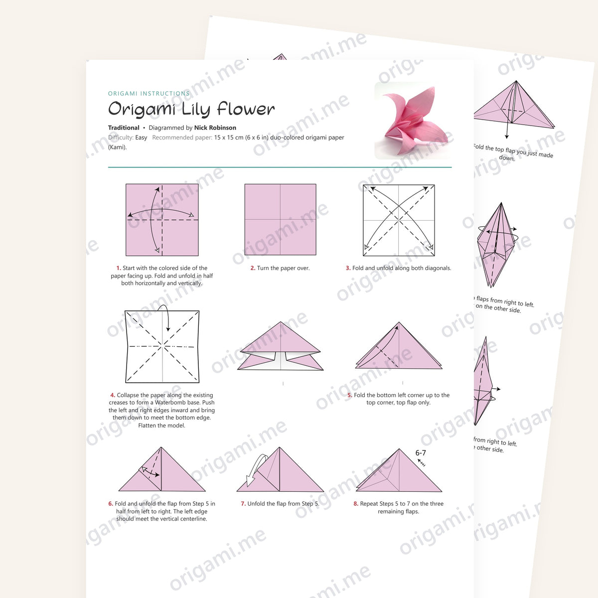 Origami Lily Flower Printable Instructions, a printable PDF of step-by-step origami folding diagrams