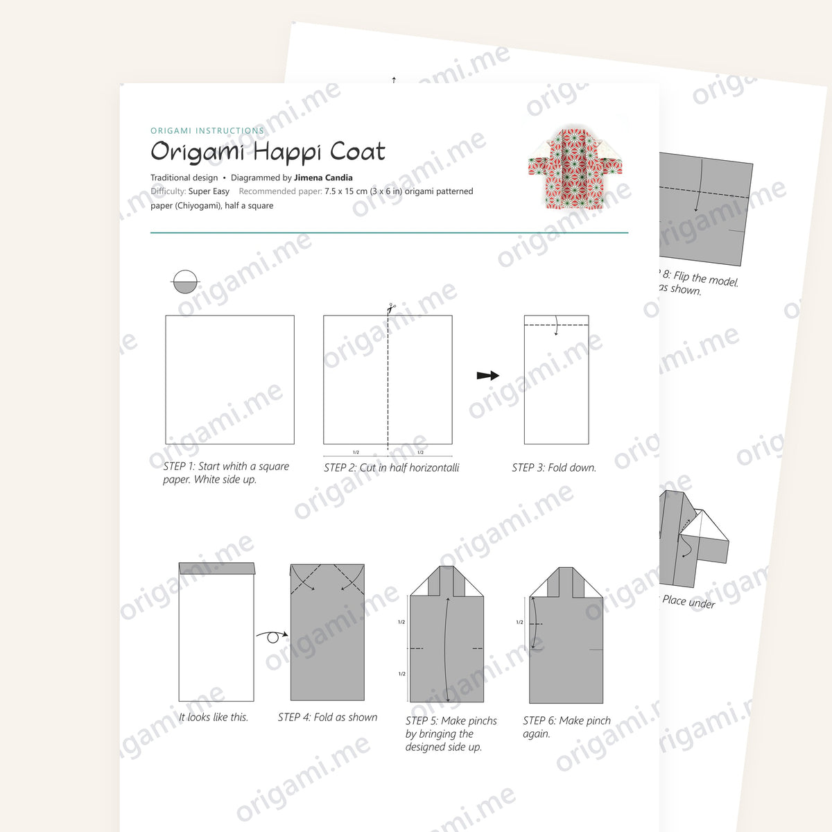 Origami Happi Coat Printable Instructions, a printable PDF of step-by-step origami folding diagrams