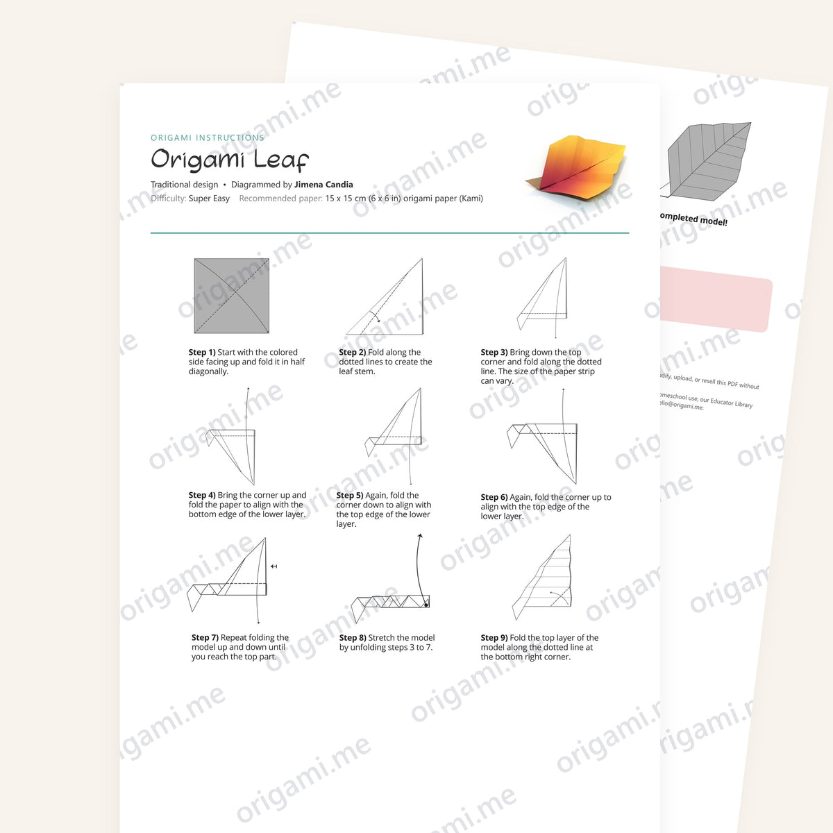 Origami Traditional Origami Leaf Printable Instructions, a printable PDF of step-by-step origami folding diagrams