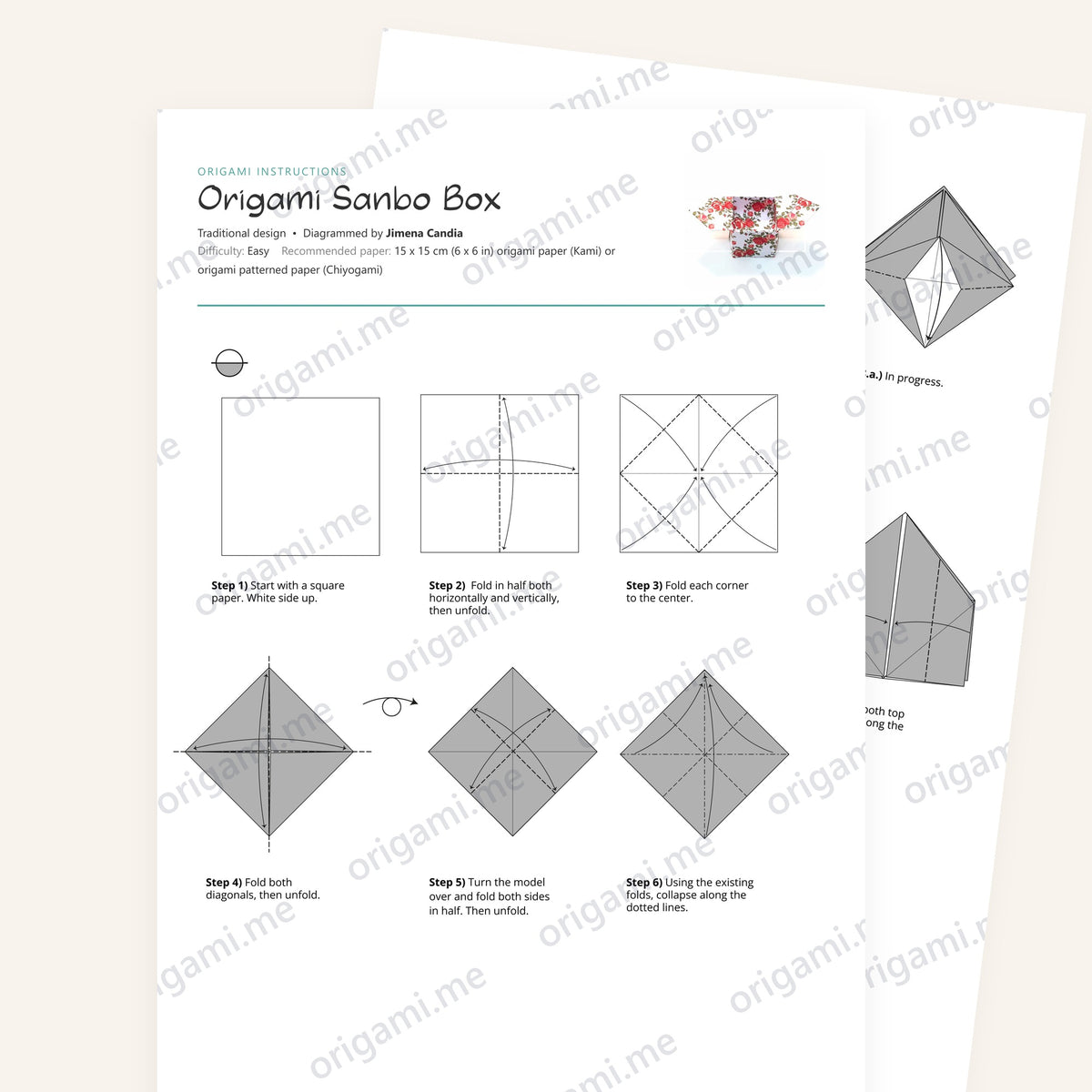 Origami Sanbo Box Printable Instructions, a printable PDF of step-by-step origami folding diagrams