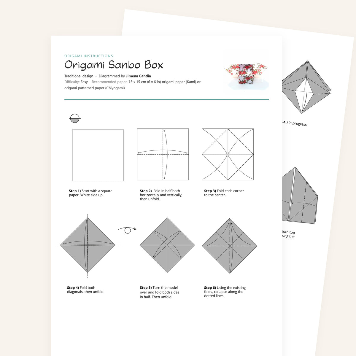 Origami Sanbo Box Printable Instructions, a printable PDF of step-by-step origami folding diagrams