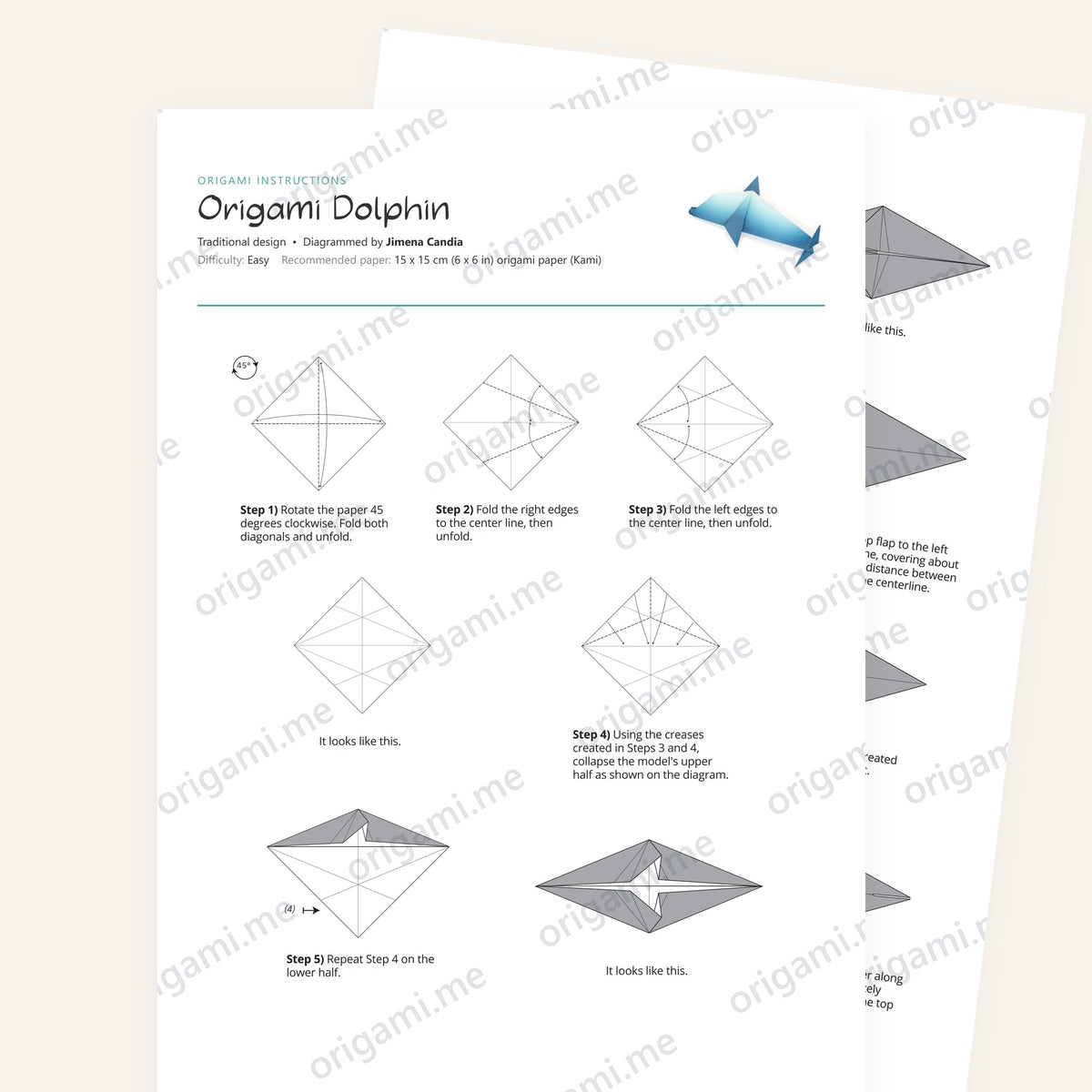 Origami Traditional Origami Dolphin Printable Instructions, a printable PDF of step-by-step origami folding diagrams