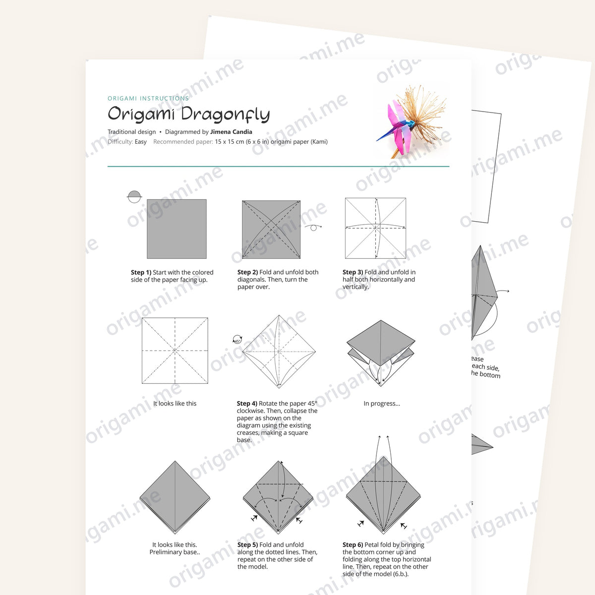 Origami Dragonfly Printable Instructions, a printable PDF of step-by-step origami folding diagrams