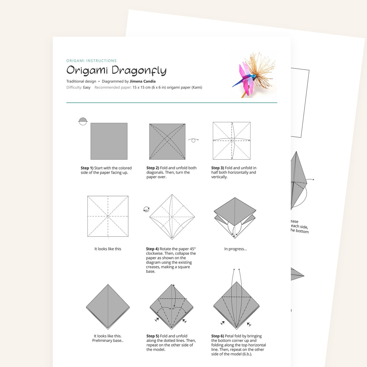 Origami Dragonfly Printable Instructions, a printable PDF of step-by-step origami folding diagrams