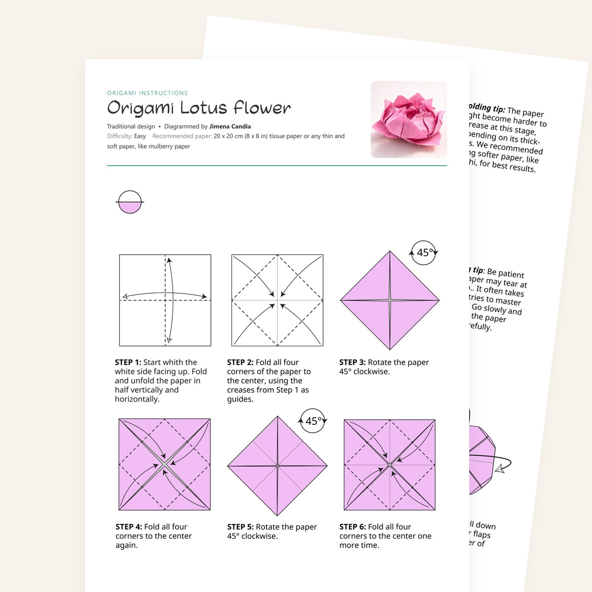 Origami Lotus Flower Printable Instructions, a printable PDF of step-by-step origami folding diagrams