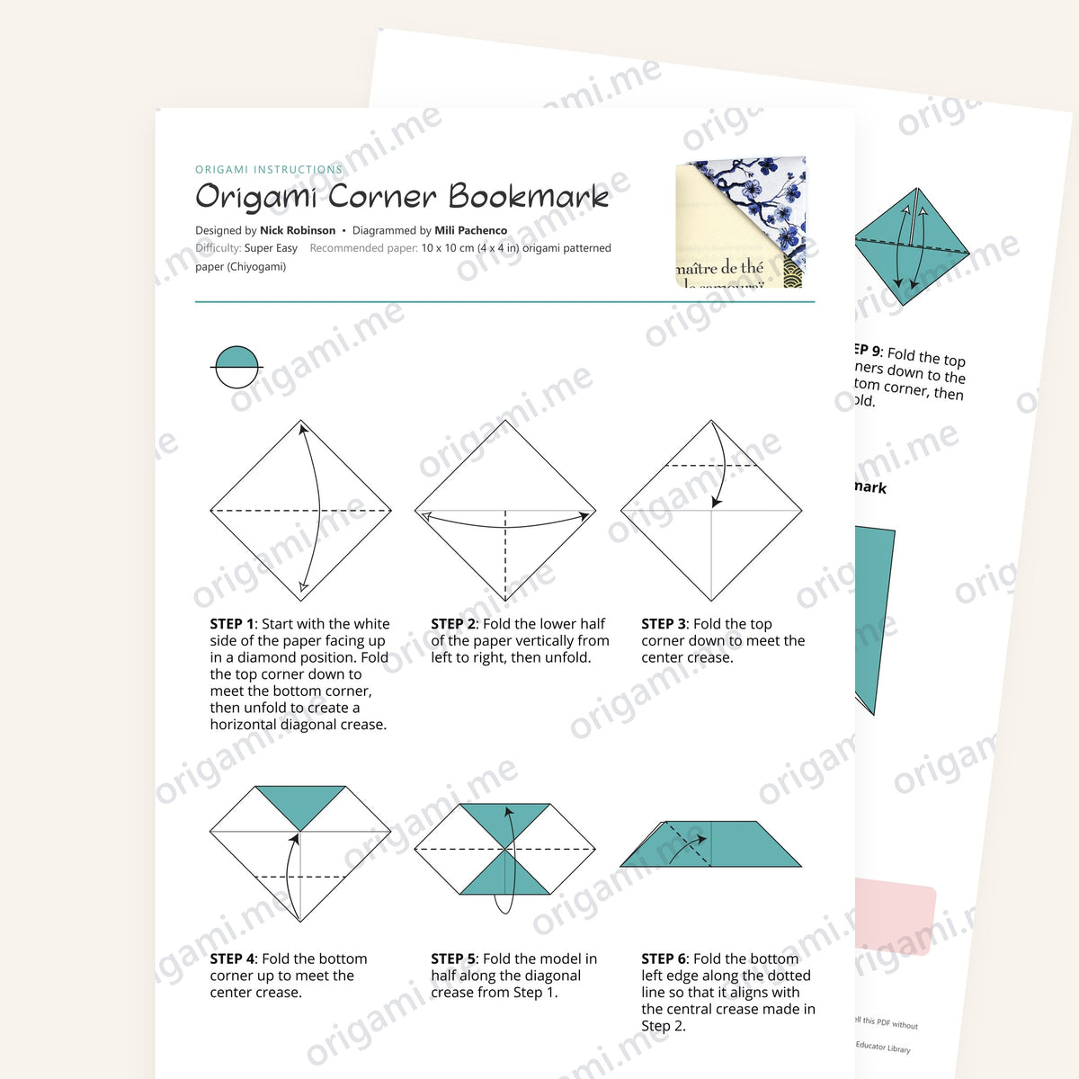 Origami Bookmark Printable Instructions, a printable PDF of step-by-step origami folding diagrams