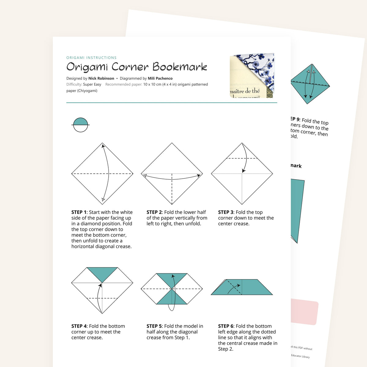 Origami Bookmark Printable Instructions, a printable PDF of step-by-step origami folding diagrams