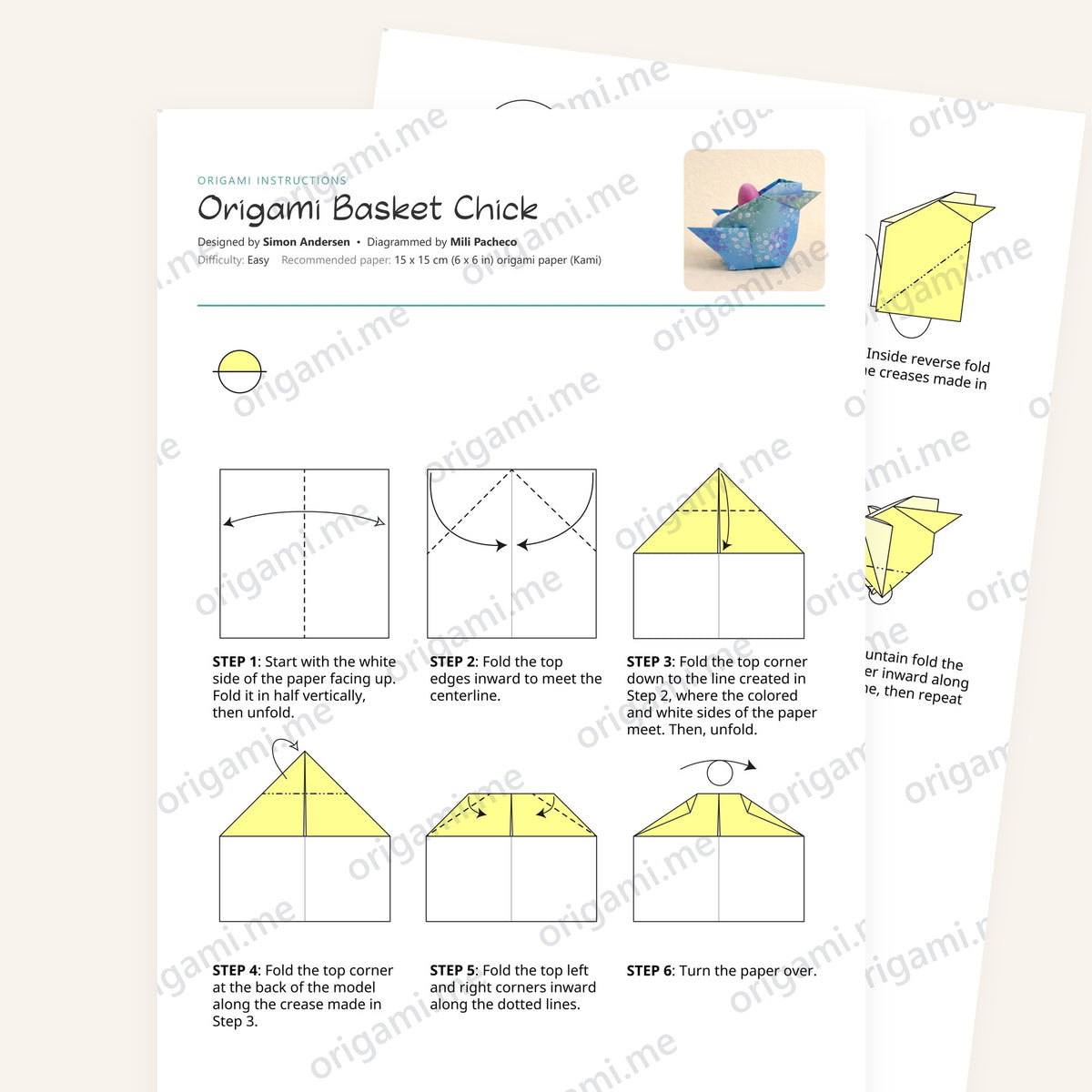 Origami Basket Chick Printable Instructions, a printable PDF of step-by-step origami folding diagrams