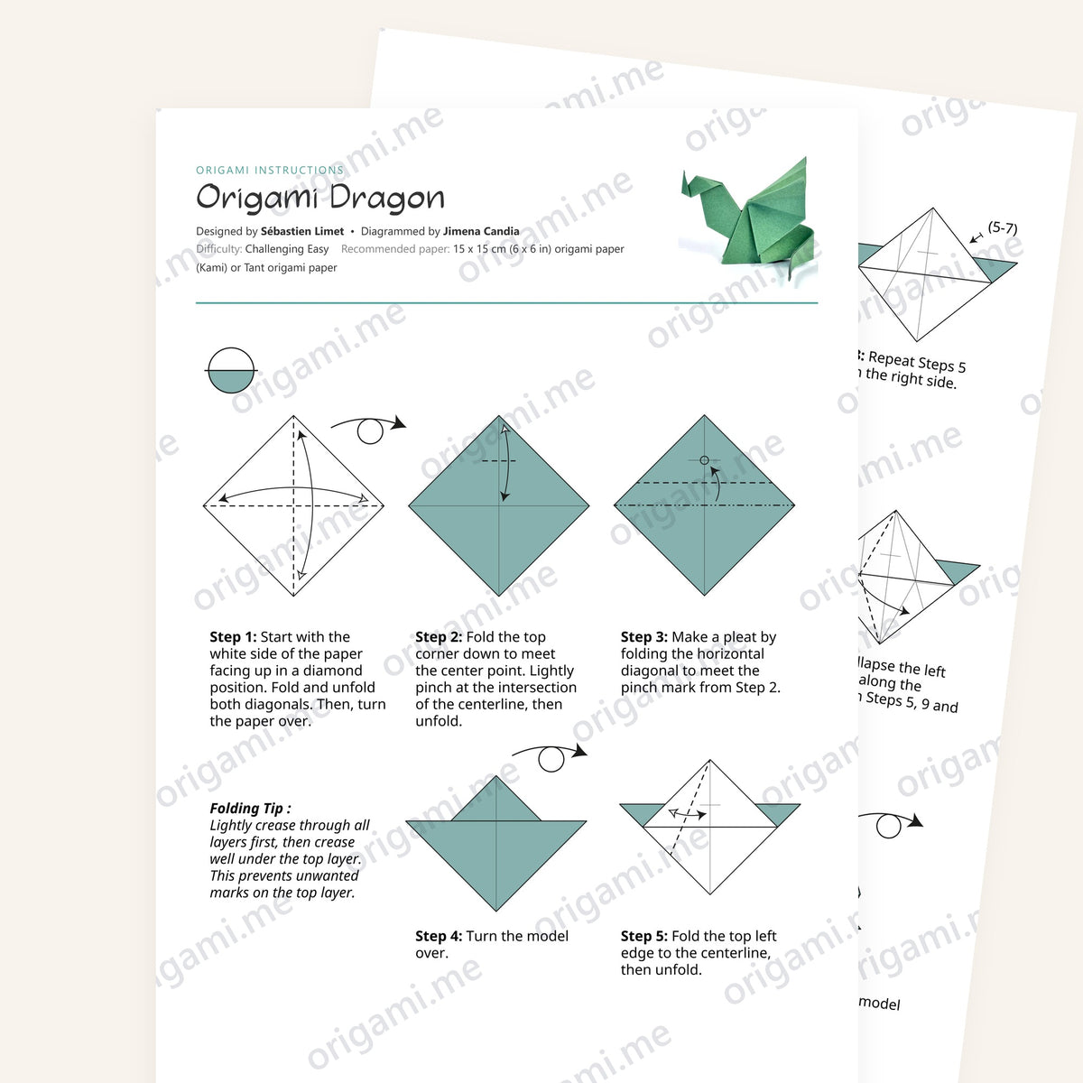 The Origami Dragon printable instructions, a five-page PDF of step-by-step folding diagrams