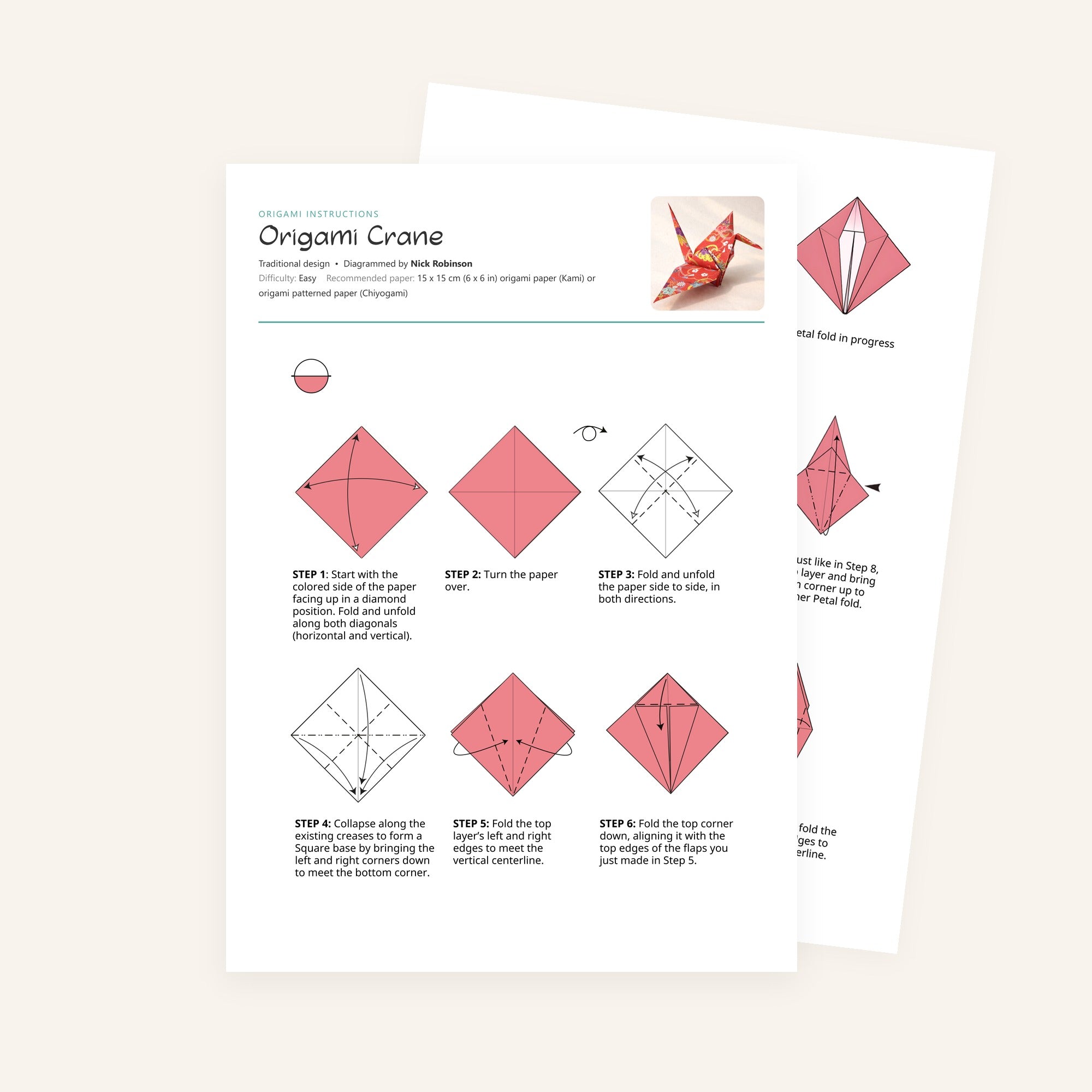 The printable Origami Crane instructions from the Educator Library, two pages of numbered diagram steps with written folding instructions.