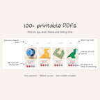 100+ printable PDFs. The Educator Library, filterable by age, level, theme and folding time, with US Letter and A4 downloads in colour or ink-saving grayscale.
