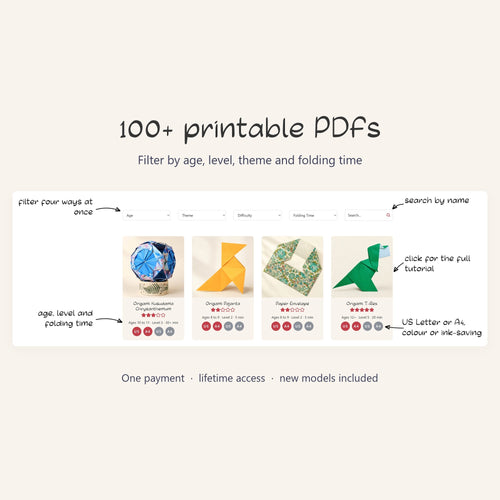 100+ printable PDFs. The Educator Library, filterable by age, level, theme and folding time, with US Letter and A4 downloads in colour or ink-saving grayscale.